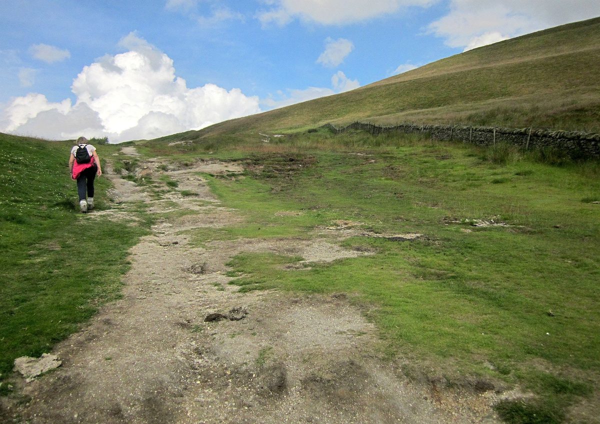 The ridge path along Mam Tor in the Peak District, with patchwork valleys spread out below