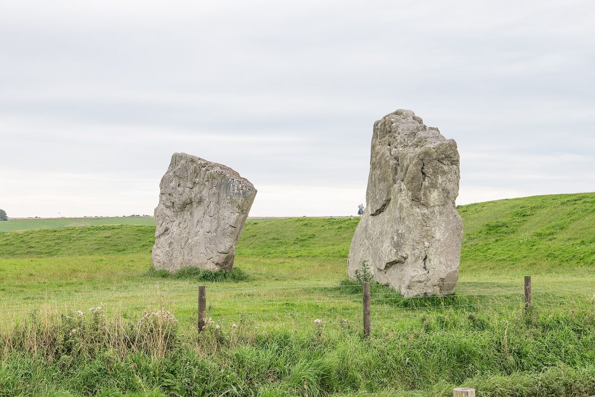 Avebury stone circle, the world's largest, with sheep grazing among the sarsens in Wiltshire, England
