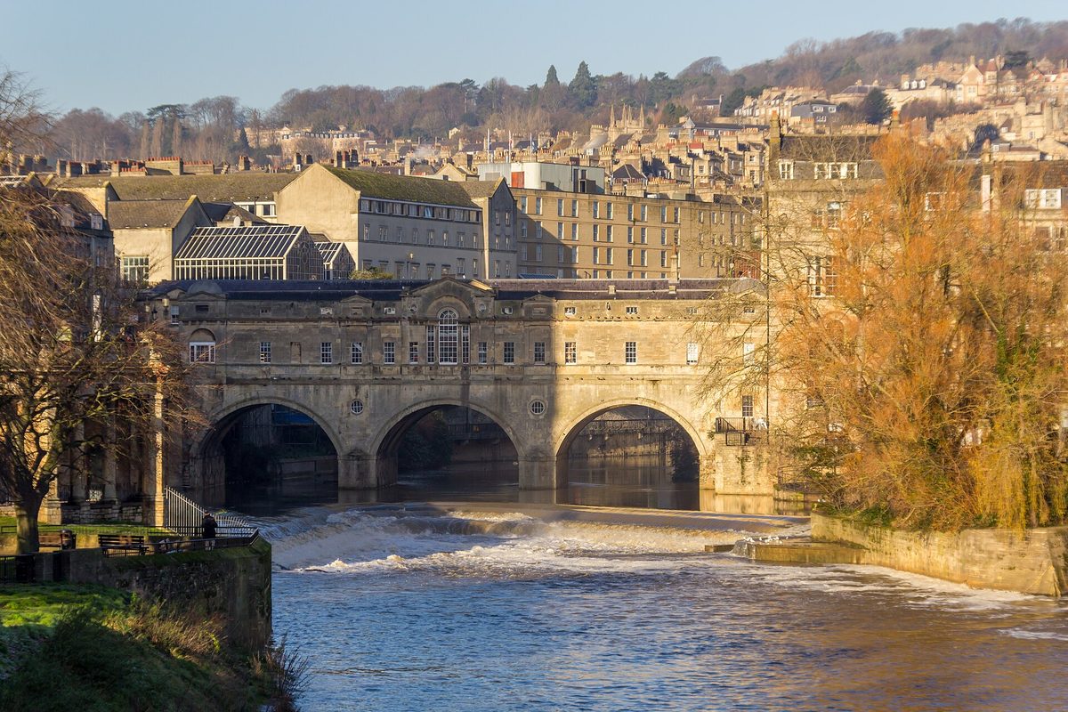 Pulteney Bridge and the curved weir on the River Avon, one of Bath's most photographed views