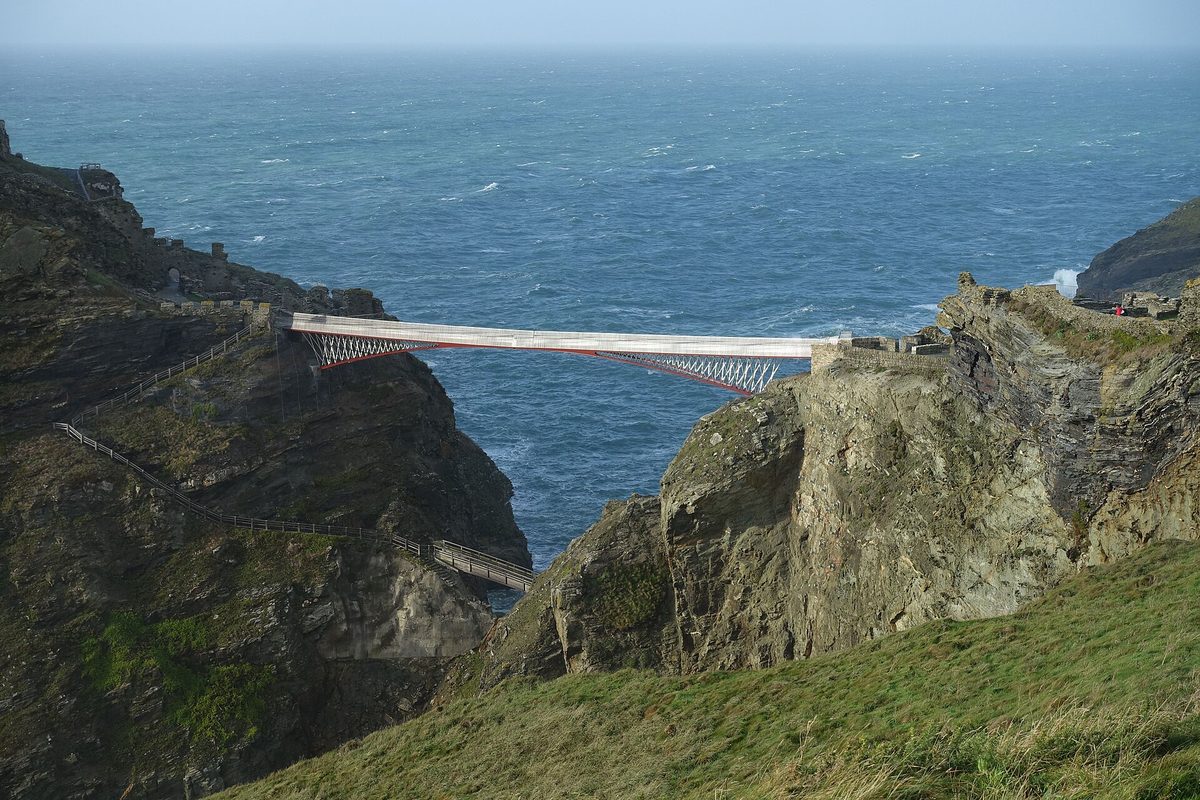 Ruined walls and the footbridge at Tintagel Castle on the north Cornwall coast