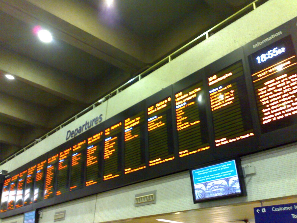 The departures board at a major London terminus, where walk-up fares can be eye-watering at peak hours