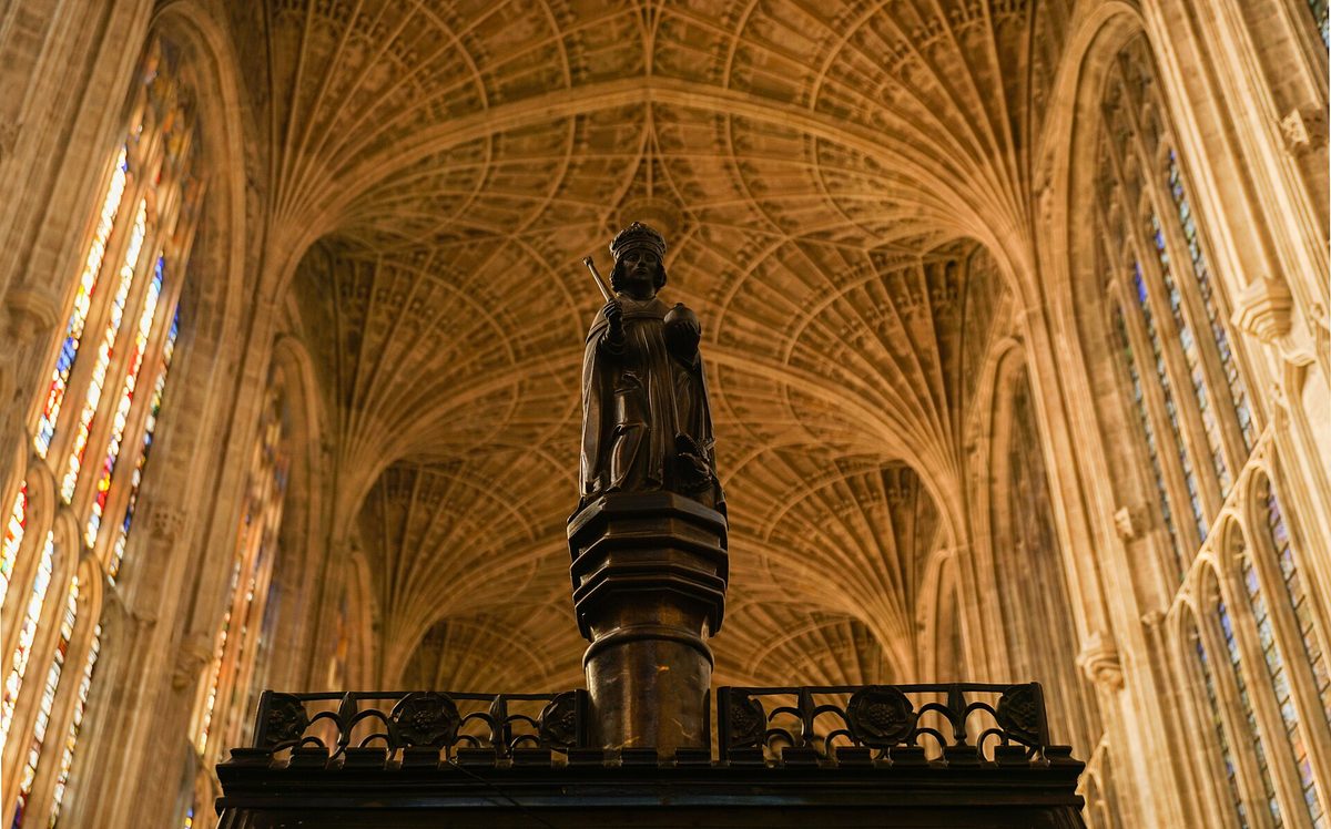 The fan-vaulted ceiling of King's College Chapel, the centrepiece of any Cambridge travel guide