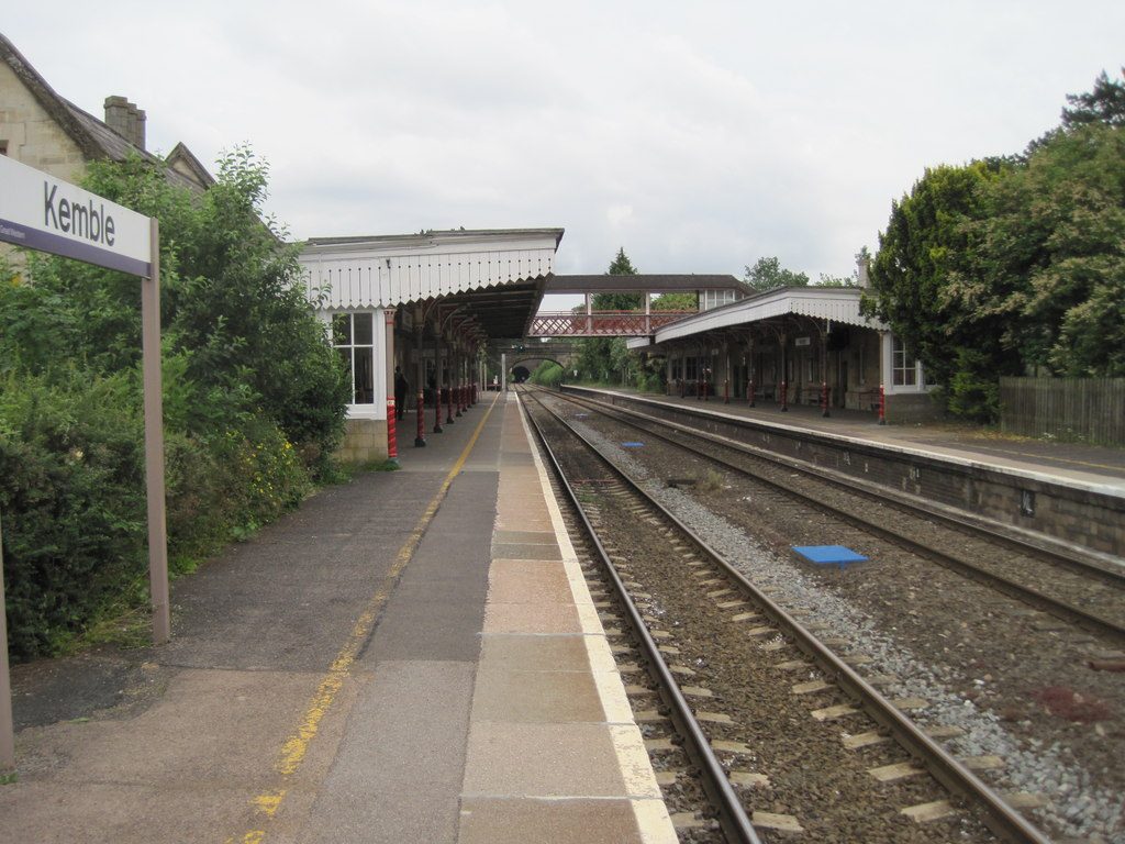Kemble railway station platform, the rail gateway for Cirencester and the southern Cotswolds