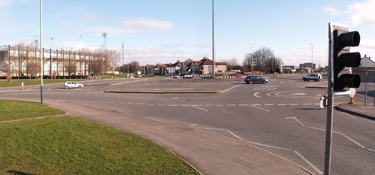 An aerial view of an English roundabout, the feature American drivers ask about most