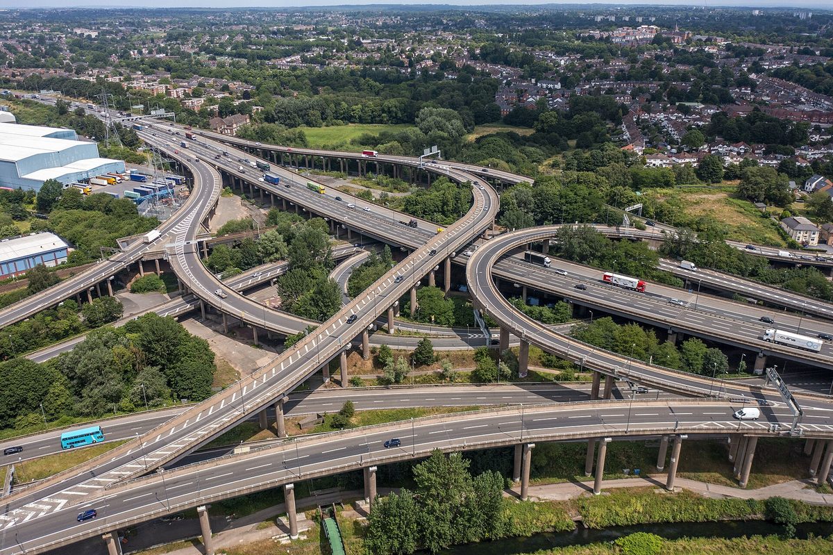 An English motorway, the wide, well-signed roads that feel familiar to American drivers