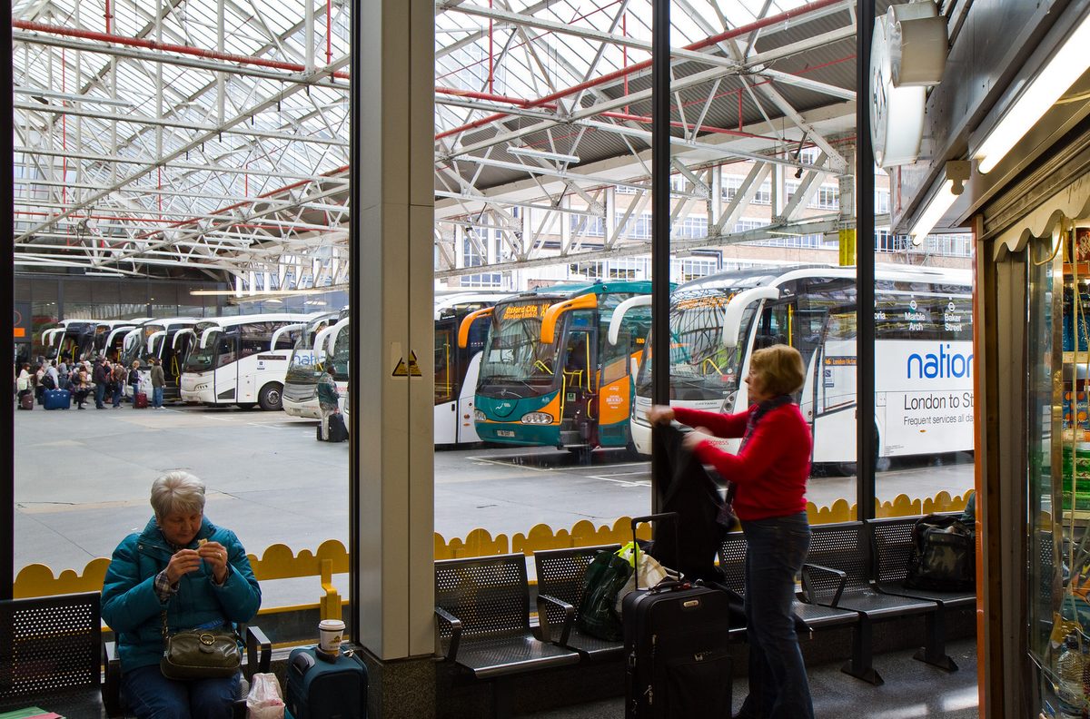 A National Express coach at Victoria Coach Station, the heart of England coach travel