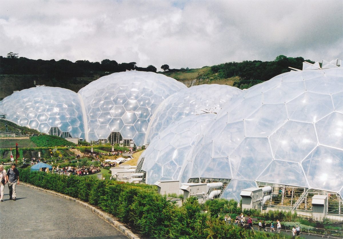 The biome domes of the Eden Project in Cornwall, a rain-or-shine family attraction in southwest England