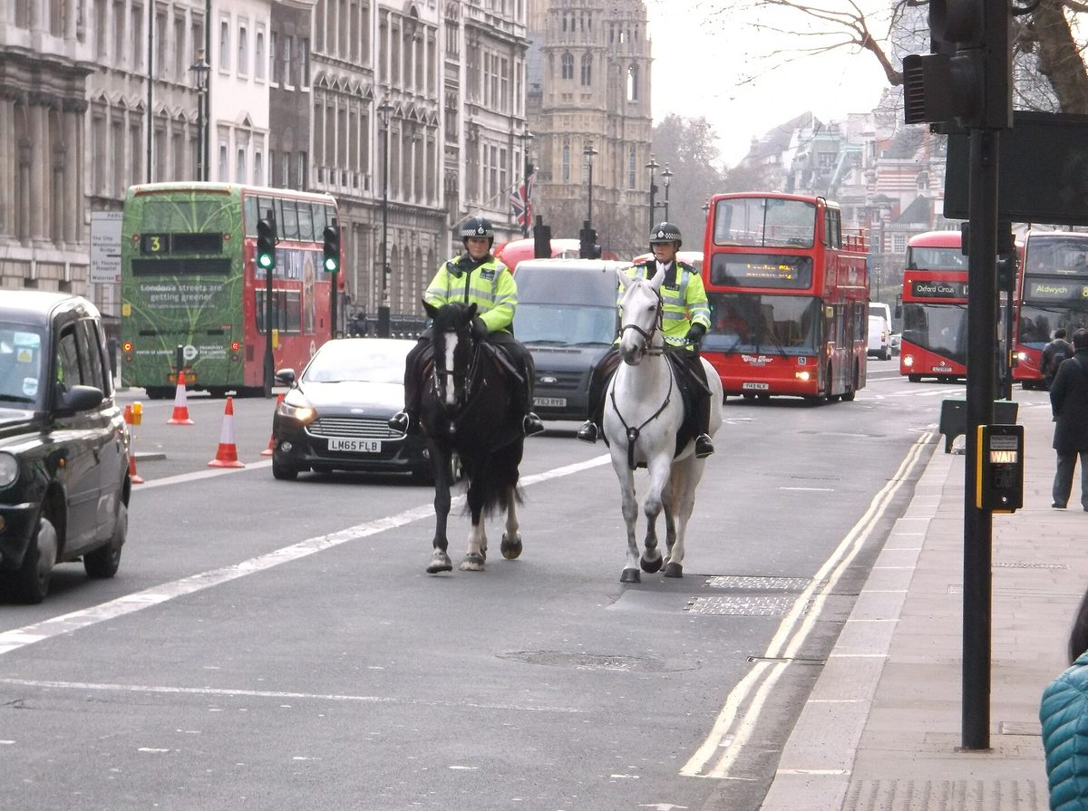 A Metropolitan Police officer on foot patrol in central London, part of England's visible and approachable policing.