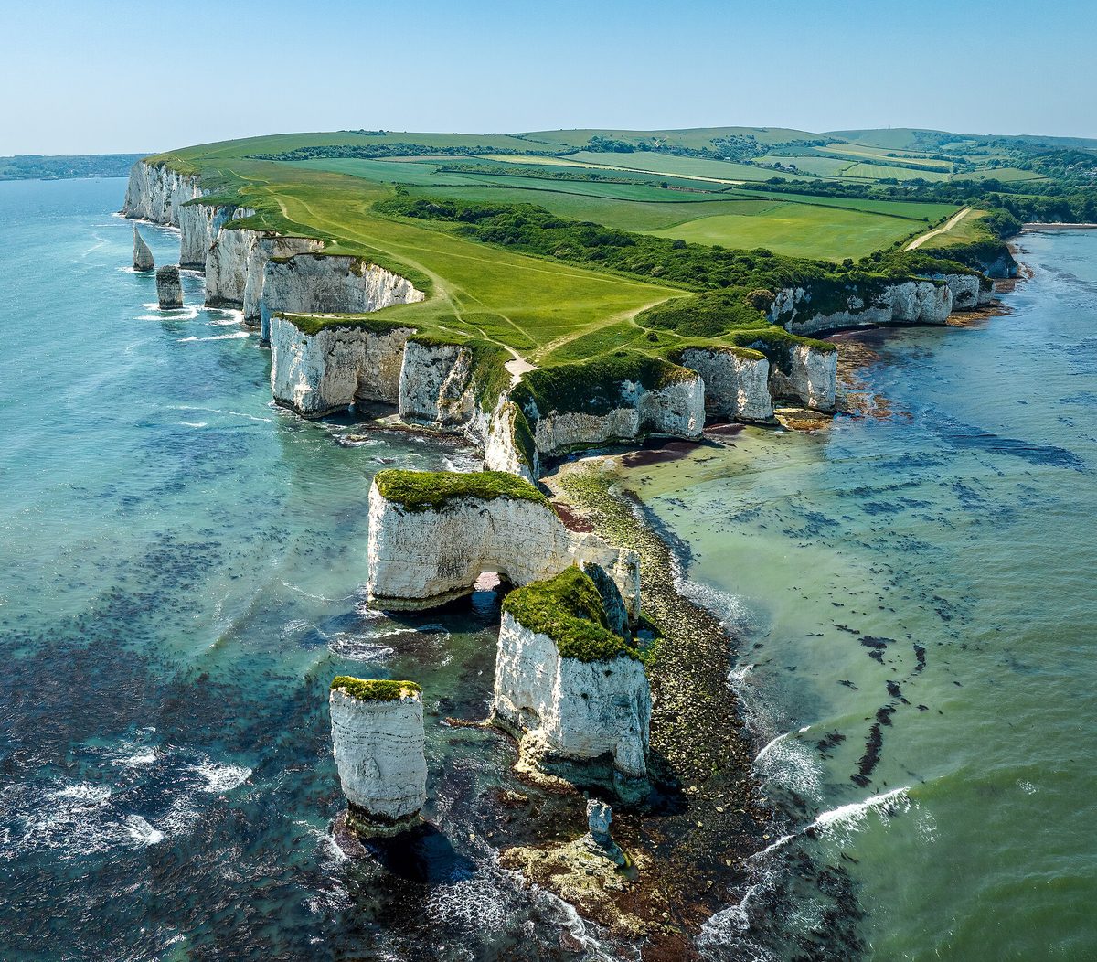 Old Harry Rocks chalk stacks at Studland, the eastern end of the Jurassic Coast