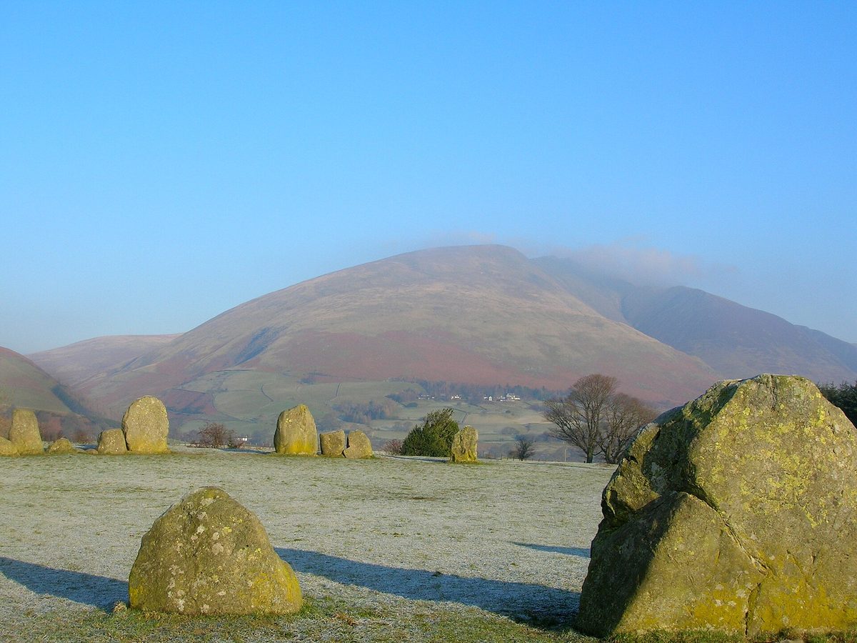 The ancient Castlerigg Stone Circle near Keswick ringed by the northern Lake District fells at golden hour